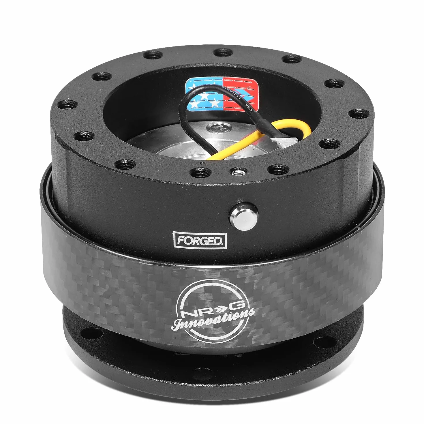 NRG Innovations Kit di sgancio rapido per volante generazione 2.0, corpo nero, anello in fibra di carbonio nero
