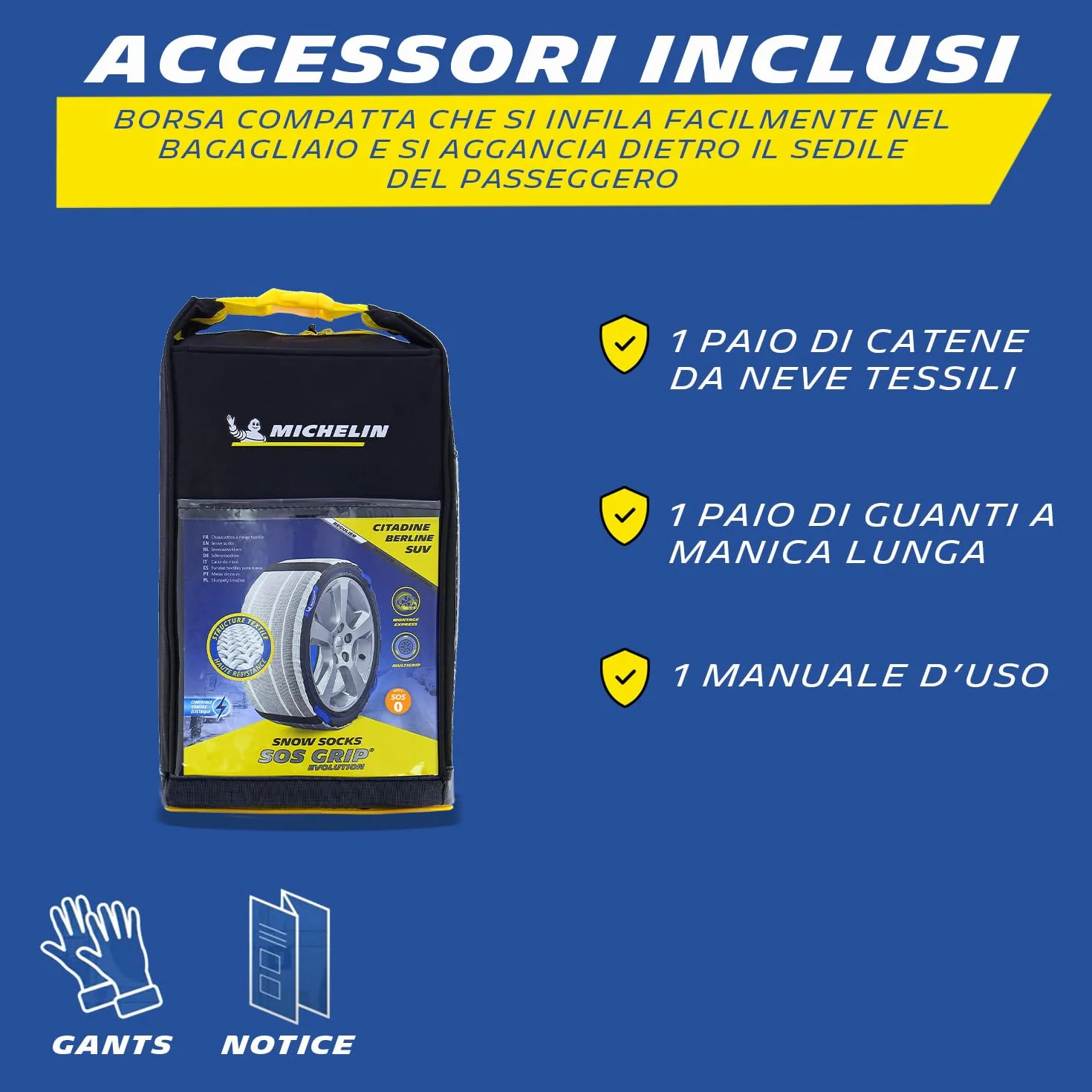 MICHELIN Calze da Neve SOS Grip Evolution SOS 5 - Omologate Italia Tessili Riutilizzabili - Montaggio Rapido 30 Secondi