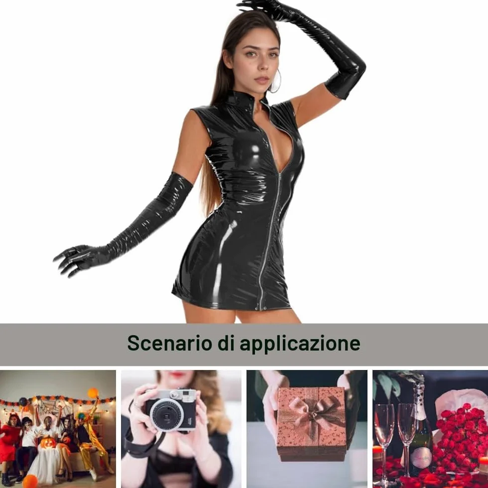 Donna Sexy Pelle Mini Vestito Cerniera Frontale Babydoll Latex Wetlook Camicia Notte Clubwear Elasticità Senza Maniche Miniabito Metallizzato Aderente Catsuit Cocktail Discoteca Costume