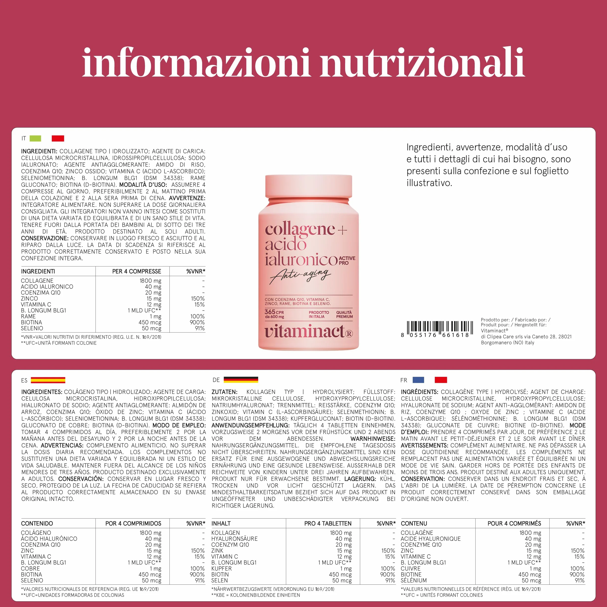 Collagene e Acido Ialuronico con Probiotico Bifidobacterium L. BLG1, Q10, Vitamina C, Zinco e Biotina