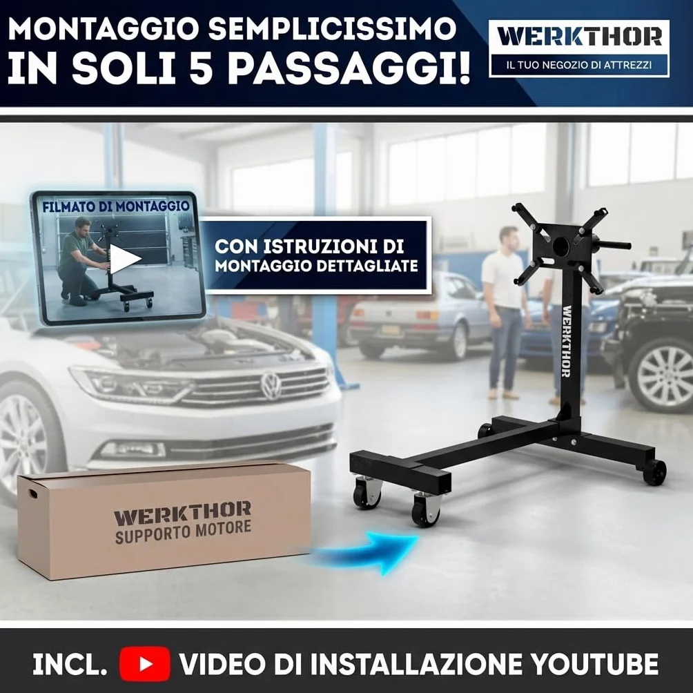 WERKTHOR Supporto Motore 570 kg Heavy Duty Engine Stand Girevole 360° Nero
