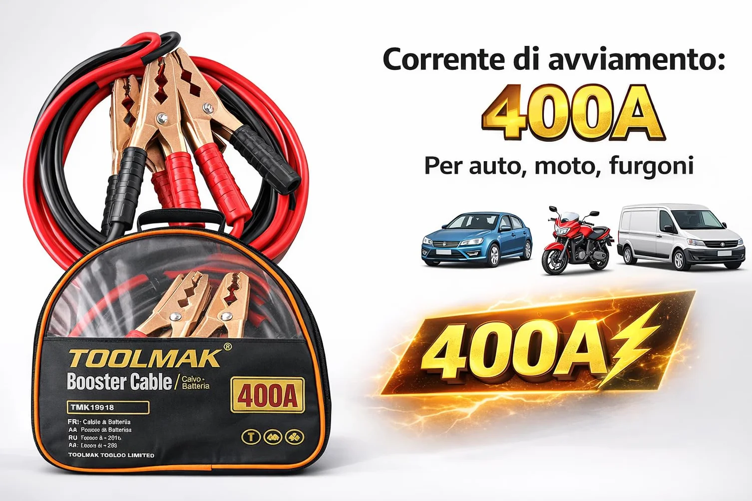 TOOLMAK Kable Rozruchowe 400A 2,5m Morsetti Isolati do Auta 3000cc Benzina Diesel
