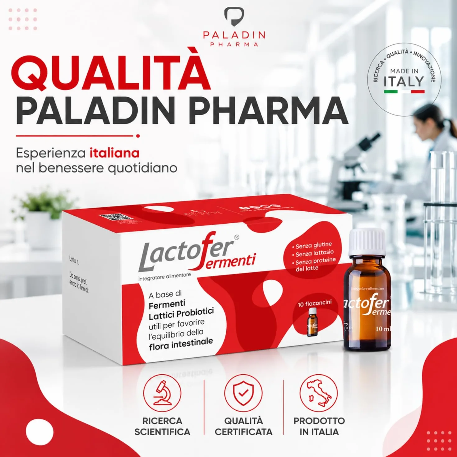 Paladin Pharma Lactofer Integratore Ferment Lattici Probiotici Senza Zucchero 10 Flaconcini 10 Ml Rosso