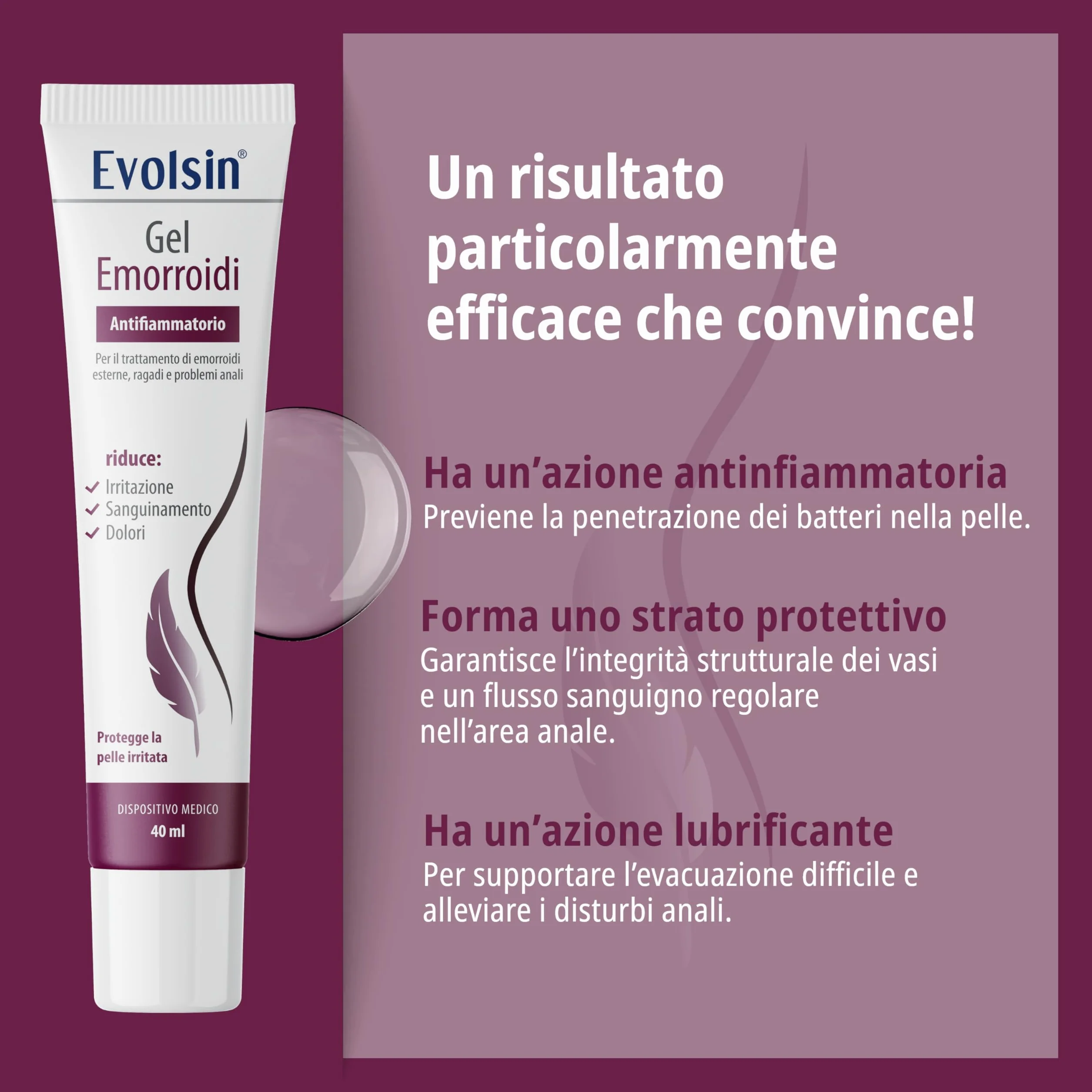 Evolsin Gel per emorroidi 40ml riduce dolore sanguinamento prurito