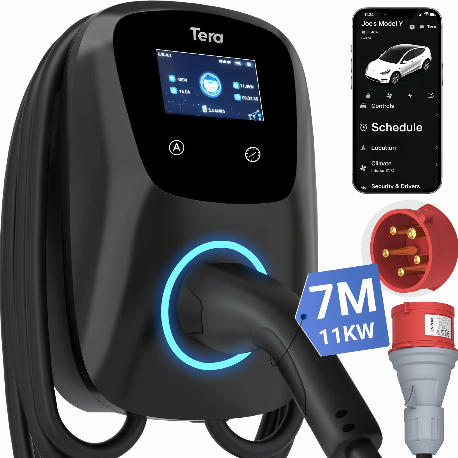 Tera Caricabatterie EV Tipo 2 11kW Certificato CE TüV App WLAN Bluetooth Cavo 7m Spina CEE Trifase Nero