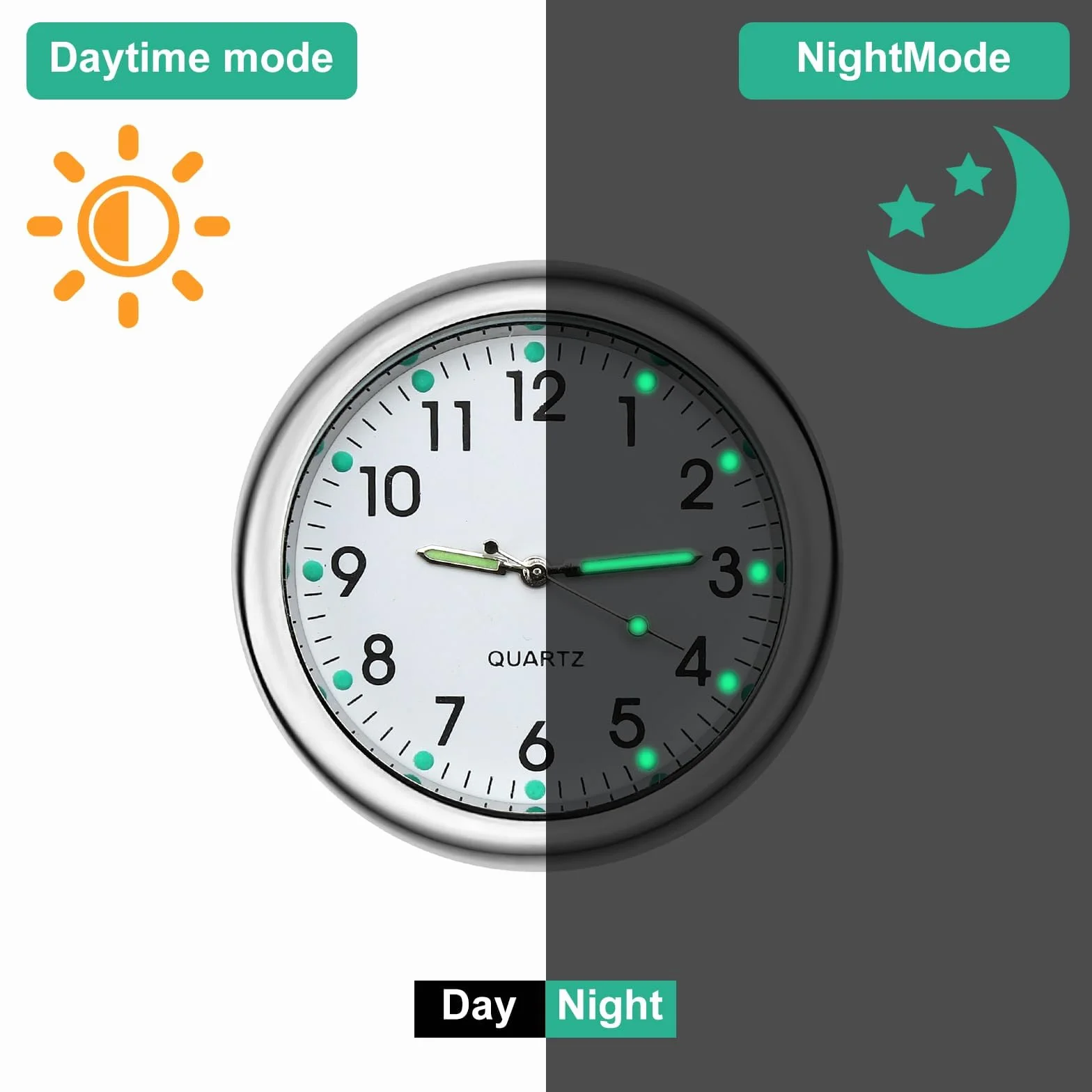 TNSLAND Mini Orologio per Auto Analogico al Quarzo Luminoso con Adesivo Biadesivo e Clip di Ventilazione
