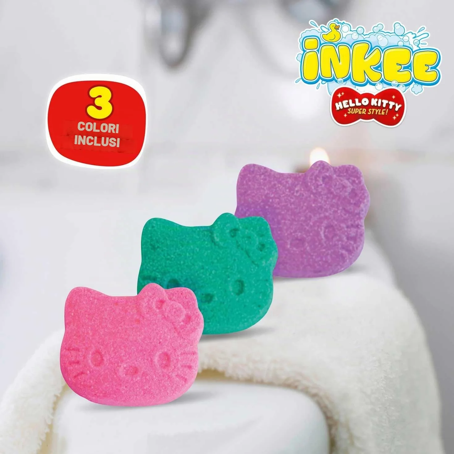 Hello Kitty INKEE Mini Pack 3 Pompe Da Bagno Bambini Forme Aromi Zucchero Filato