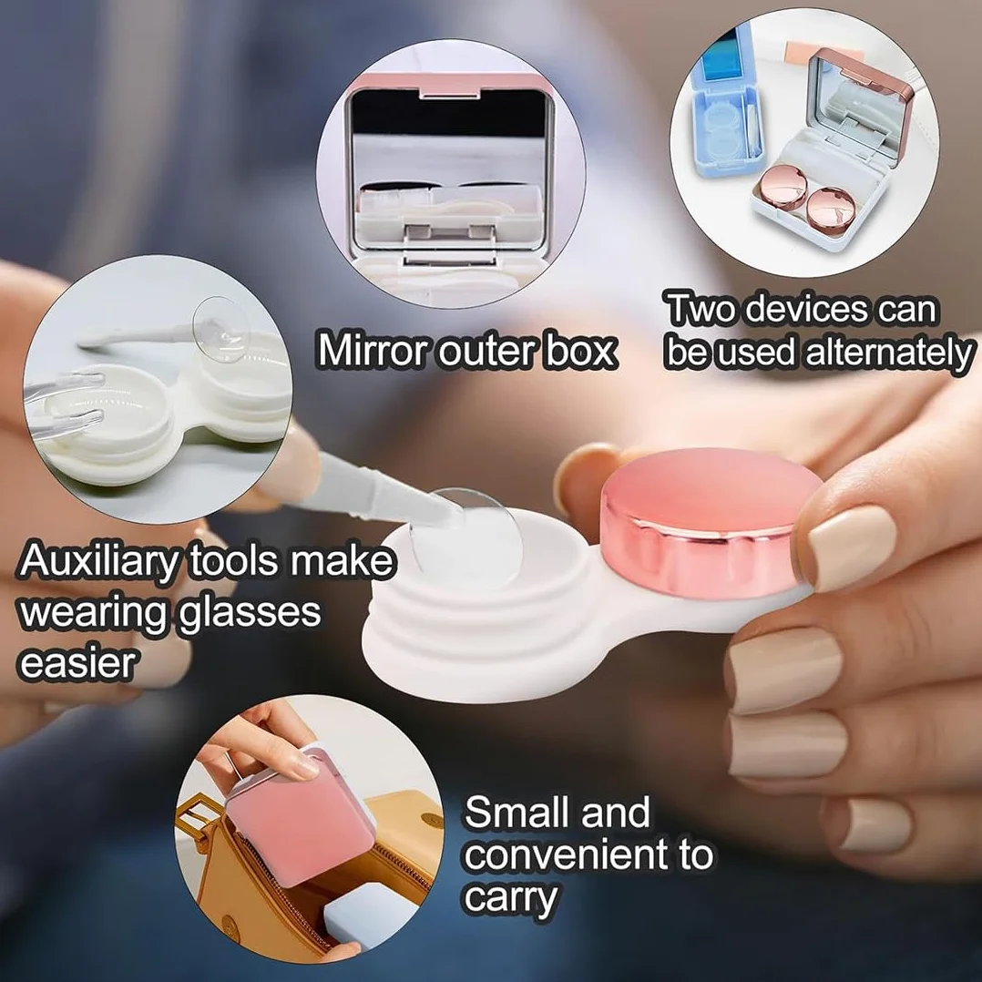 Mini Custodia per Lenti a Contatto da Viaggio con Specchio, Rosa e Argento