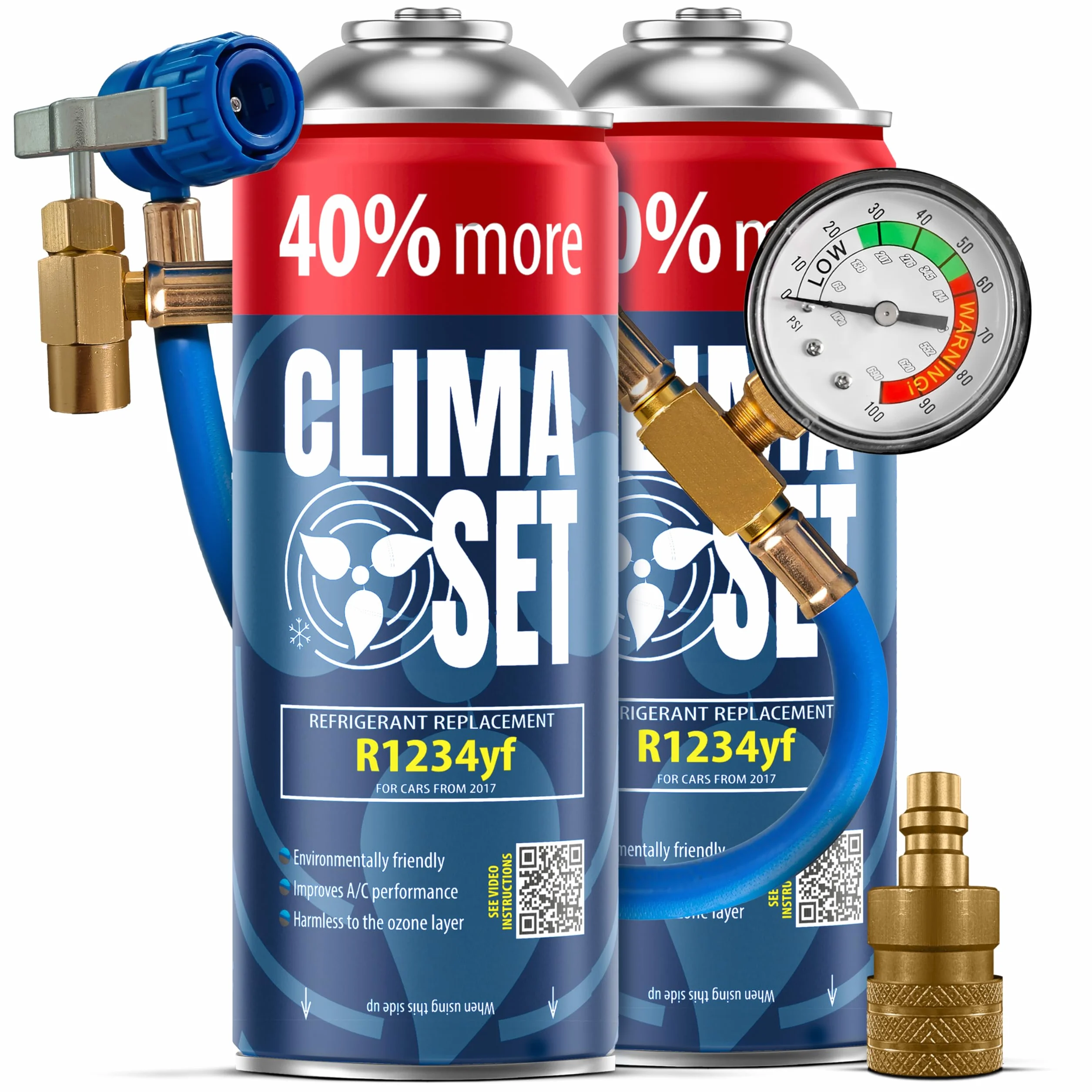 ClimaSet R1234yf - Gas di ricambio per refrigerante, condizionatore d'aria per auto, refrigerante, bombola del gas, 2 x 235 g, tubo climatizzatore, manometro, aria condizionata, adattatore HP/LP- ECO