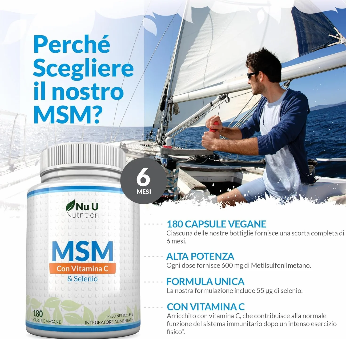 Nu U Nutrition MSM Puro Vitamina C & Selenio 180 Capsule Vegane 600mg Integratore Metilsulfonilmetano