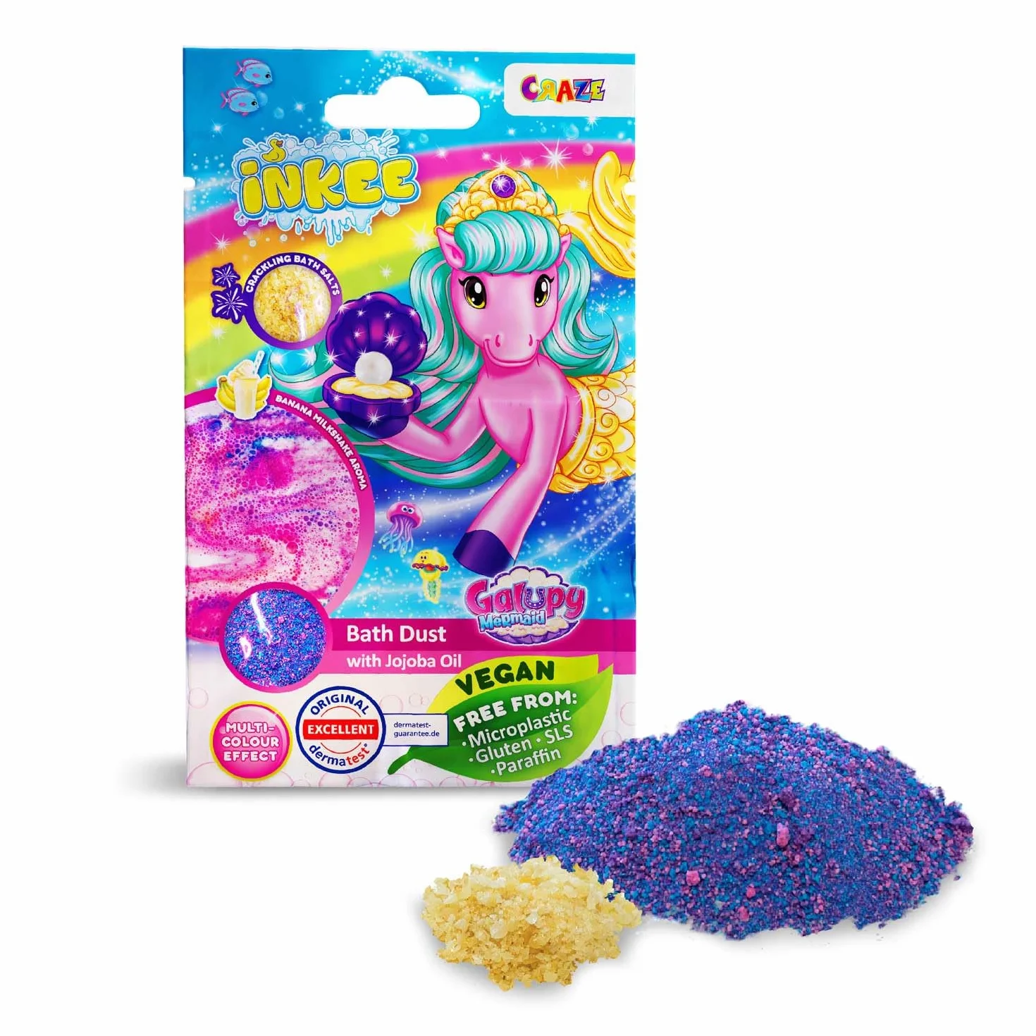 INKEE Bath Dust Galupy Mermaid Polvere di Sirena per la Vasca Sali da Bagno Effetto Crepitante Aroma Frullato di Banana