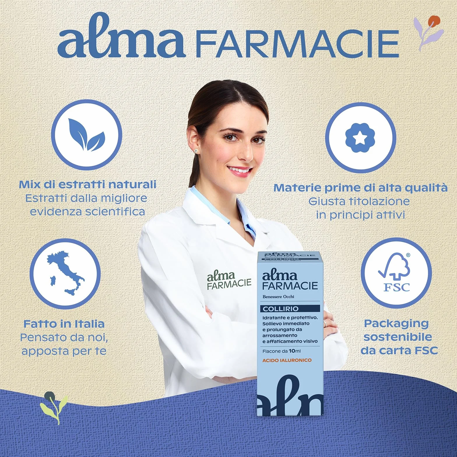 Collirio Alma Farmacie con Acido Ialuronico e Glicerina, Camomilla, Amamelide, Euphrasia, Mirtillo, Flacone 10 ml