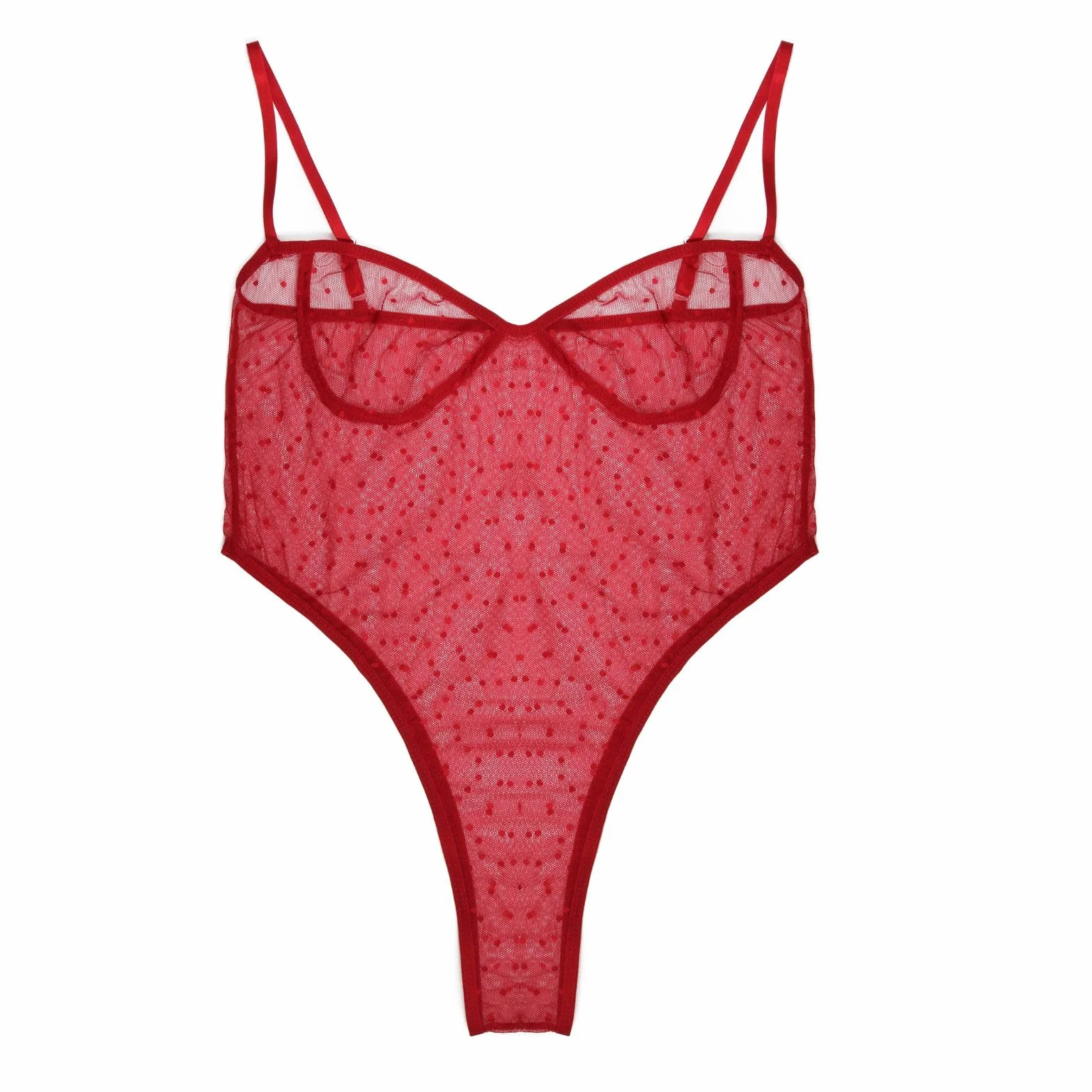 Intimo Donna Sexy Lingerie Rete Body Babydoll Trasparente Camicia da Notte in Pizzo Elasticizzato Negligees Scollo a V Profondo Chemise Senza Maniche con Pois per Natale Halloween Party (Rosso)