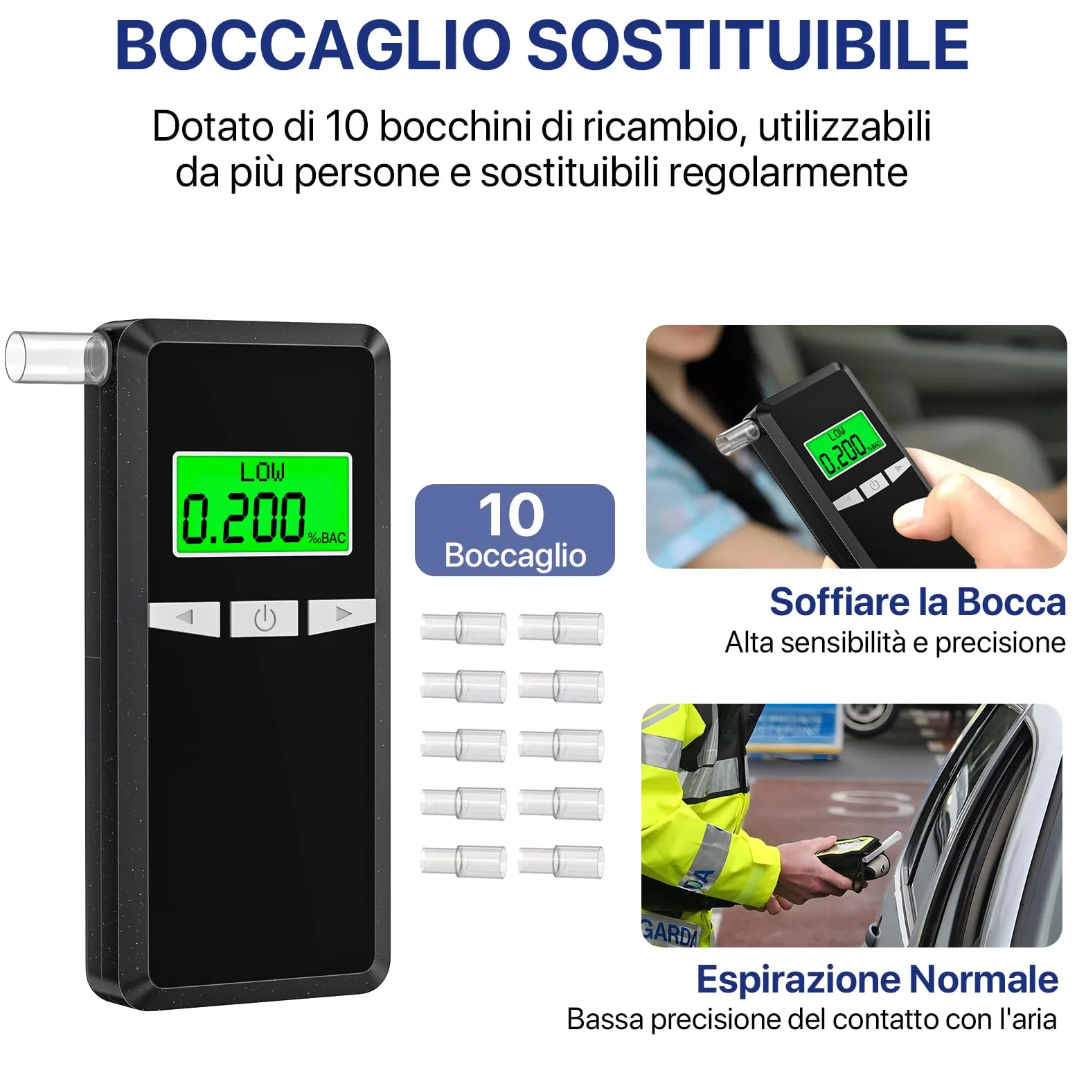 Etilometro Portatile Certificato, Altamente Preciso Alcol Test con Display LCD Blu,Ideale per Uso Domestico e Feste, con 10 Boccagli Inclusi