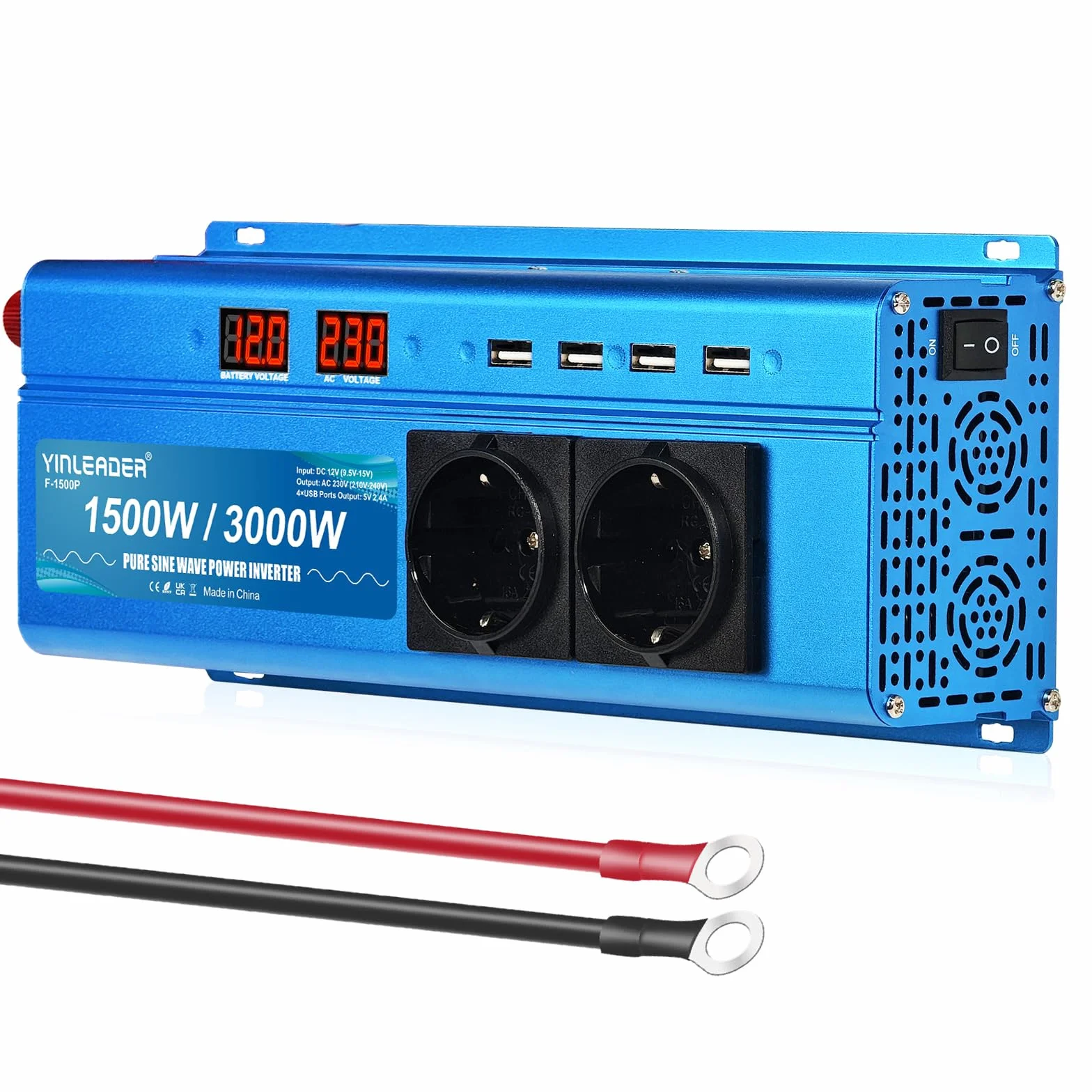 Yinleader 1500W 3000W Pure Sine Wave Power Inverter DC 12V to AC 220V 230V with 2 AC Outlets 4 USB Ports for Car Truck Camper