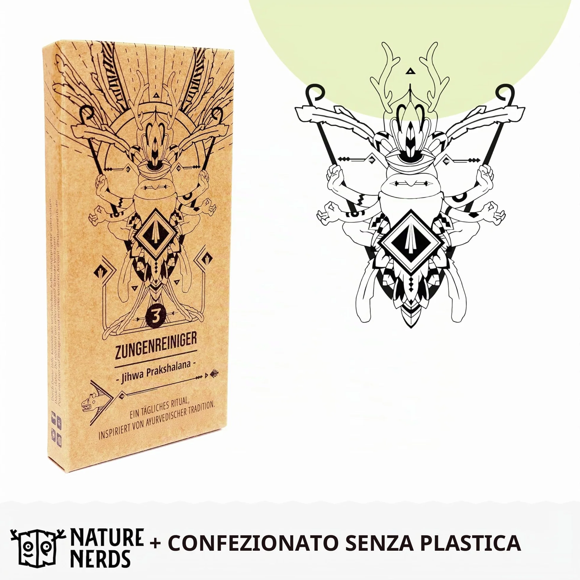 Puliscilingua in rame 3 pezzi Jihwa Prakshalana raschietto per lingua igiene orale senza plastica
