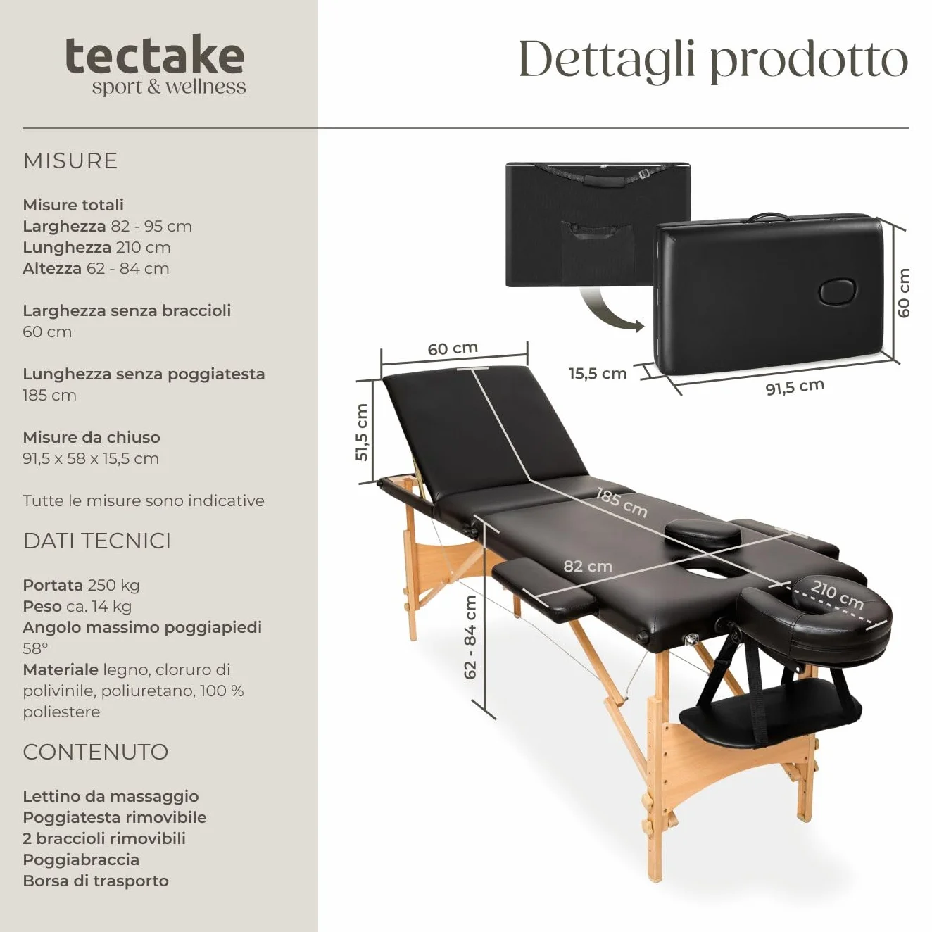 Lettino Massaggio 3 zone Pieghevole Portatile Rivestimento Vinile Idrorepellente Nero