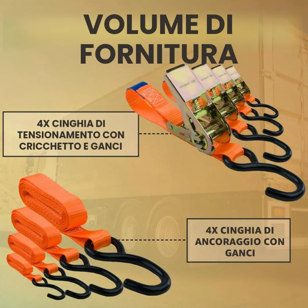 Cinghie di serraggio con cricchetto e gancio Set da 4 pezzi 25 mm 3 m 700 kg arancione