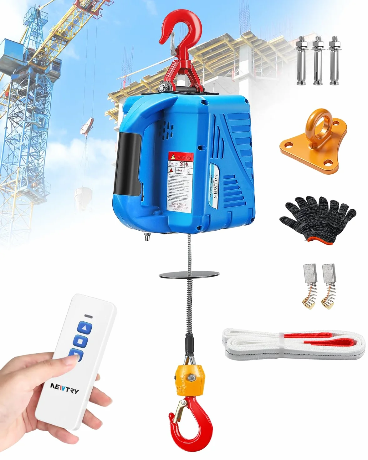 NEWTRY Paranco Elettrico 300 kg 1500W Verricello Elettrico 220V