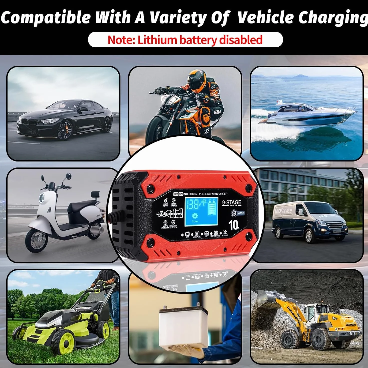 10A Carica Batteria per Auto, 12V 10A/24V 5A Multi Protezioni Caricabatterie Mantenitore di Carica Auto Moto con Schermo LCD Touch Caricatore Batterie per Moto,Barche, Auto, Batteria AGM