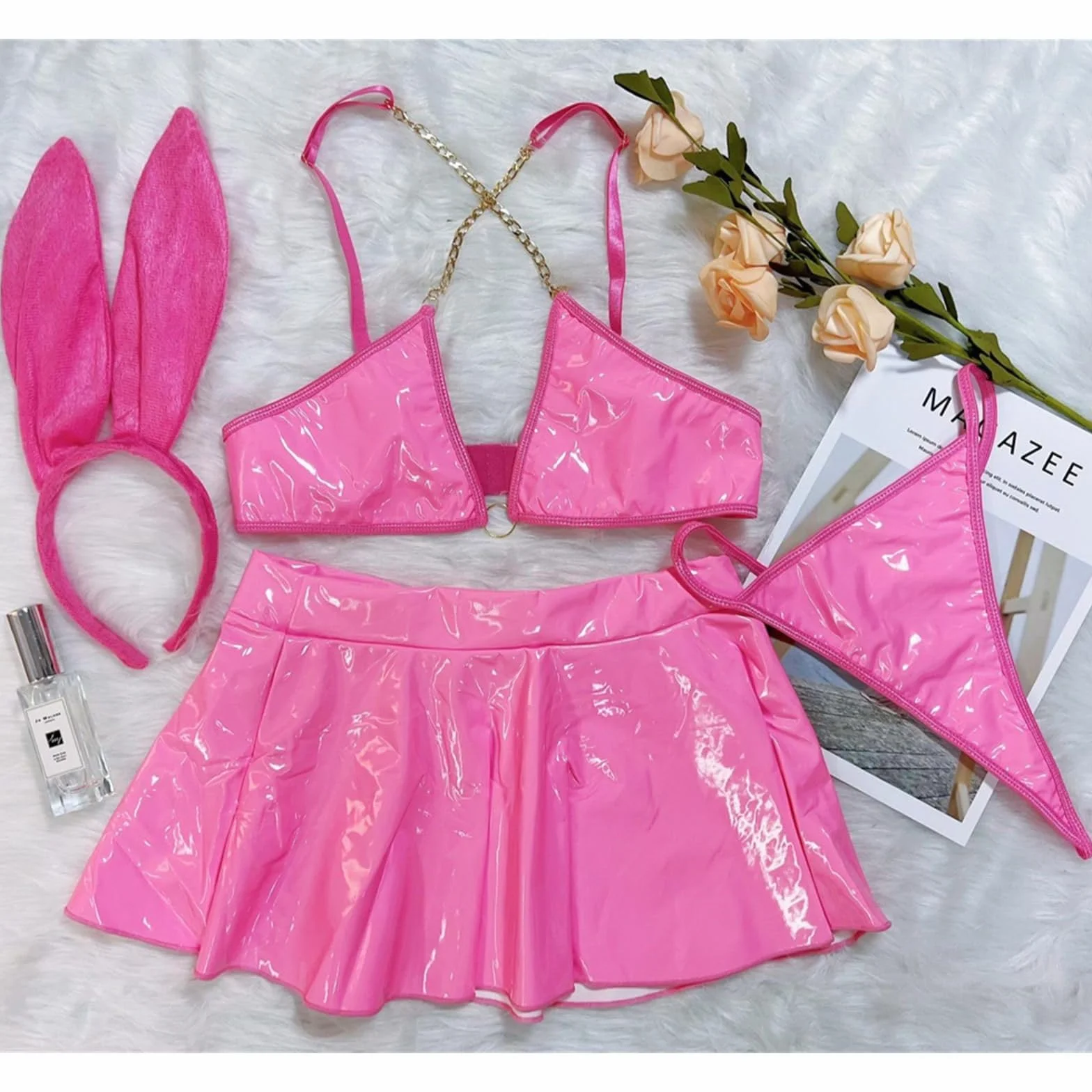 Rosvajfy Costume Coniglio Sexy Donna Lingerie Coniglietta Pelle Cosplay Outfit Gioco Ruolo Babydoll Halloween