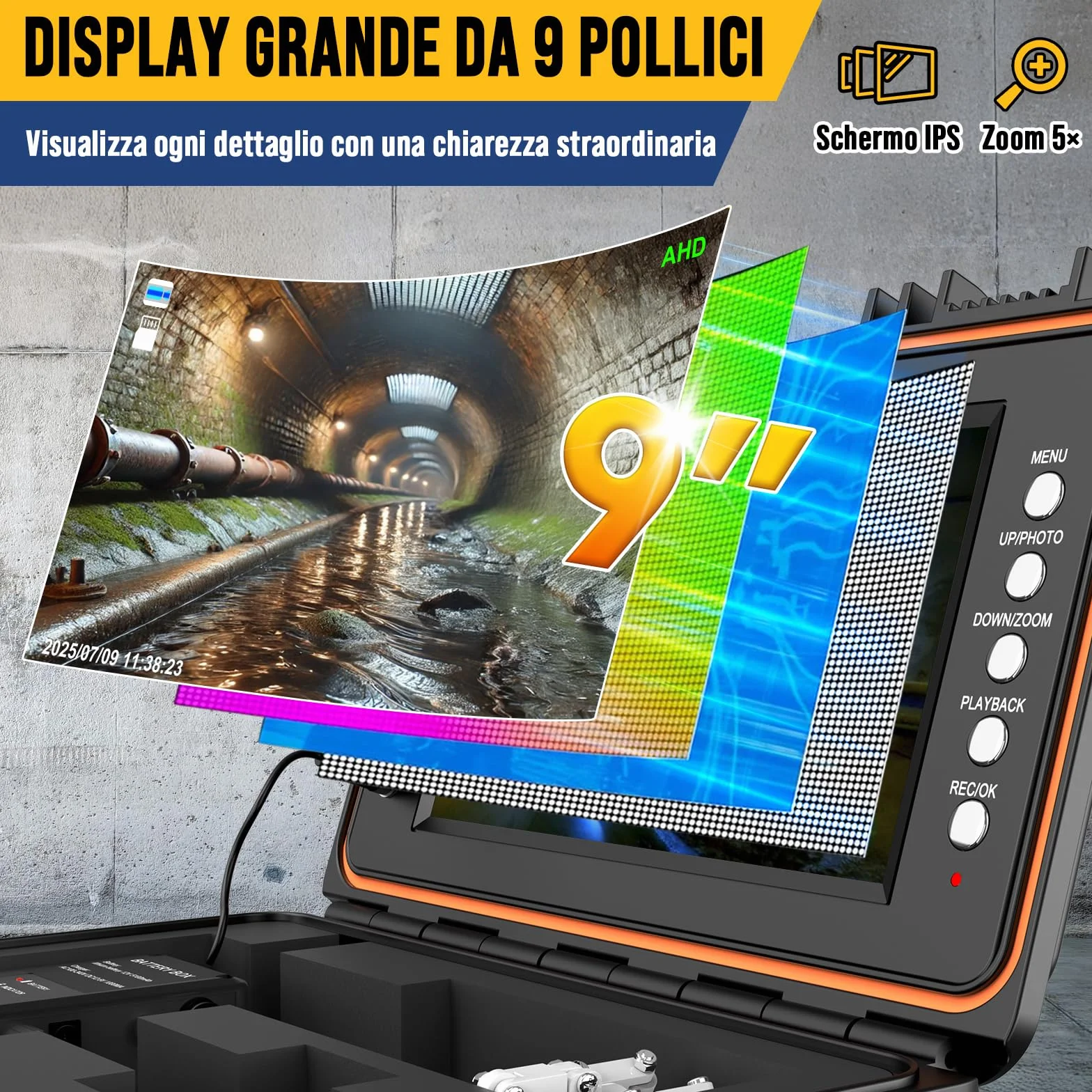 Telecamera Ispezione Tubi 1080P Sonda 512Hz Auto-Livellante Schermo IPS HD 9 Pollici DVR 32GB Batteria 5100mAh Impermeabile IP68 30M