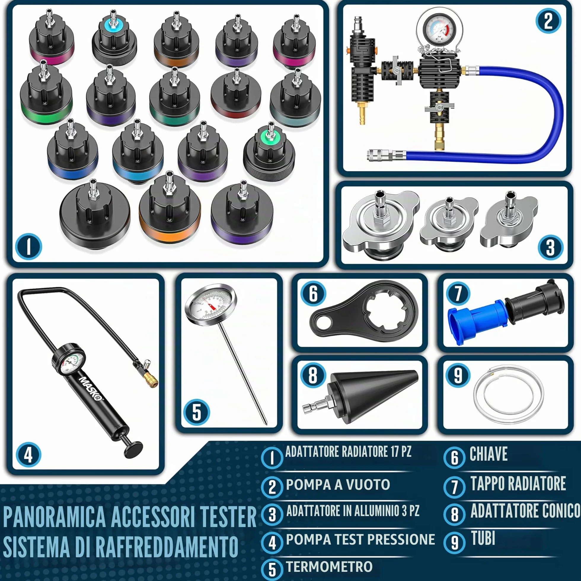 MASKO® Tester e dispositivo di spinta per sistema di raffreddamento | Controllore di pressione del radiatore, dispositivo di scarico del radiatore 28 pezzi incluso adattatore universale per radiatore