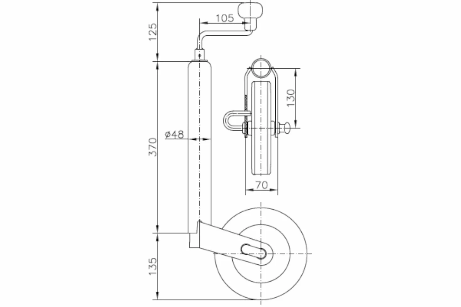 UNITRAILER ruotino di appoggio con morsetto 150 kg 48 mm 505-730 mm ruota 200 x 50 mm per rimorchi e carrelli