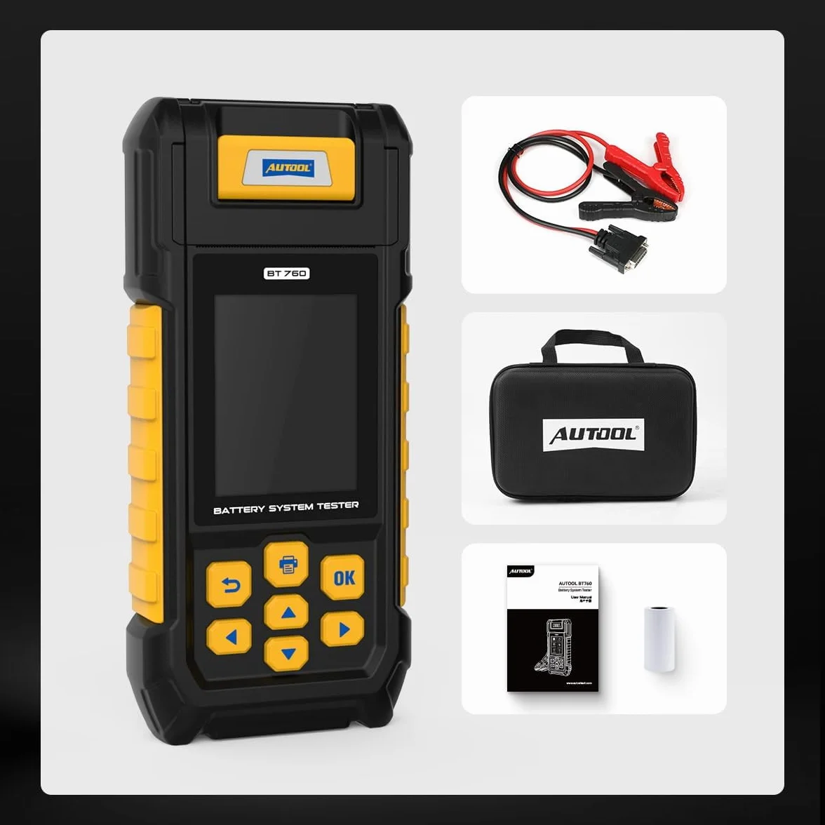 AUTOOL BT760 - Tester di carica batteria 12 V/24 V per autoveicoli con 30-2000 CCA, analizzatore di batteria per avviatori e sistemi di ricarica con stampante per camion, auto, moto e altro ancora