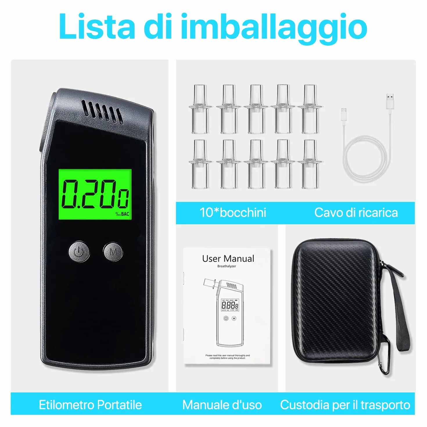 Etilometro Portatile Certificato YoSuDa USB Ricaricabile con 10 Bocchini