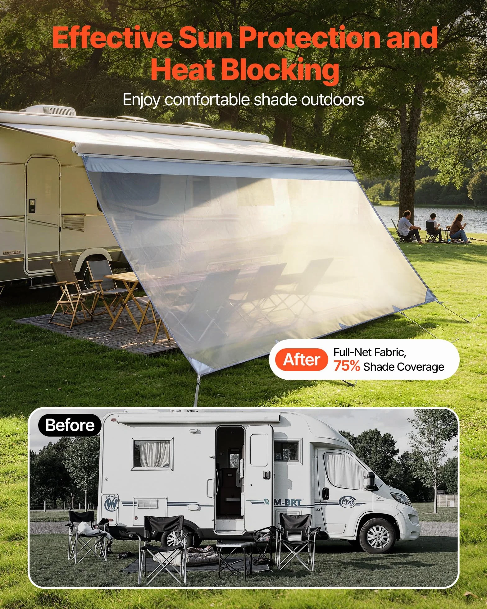 VEVOR Pannello Laterale Frangisole in Poliestere Trasparente Parete Frontale per Camper Roulotte 2x4,3m Compatibile per Tenda da Sole 4,5m