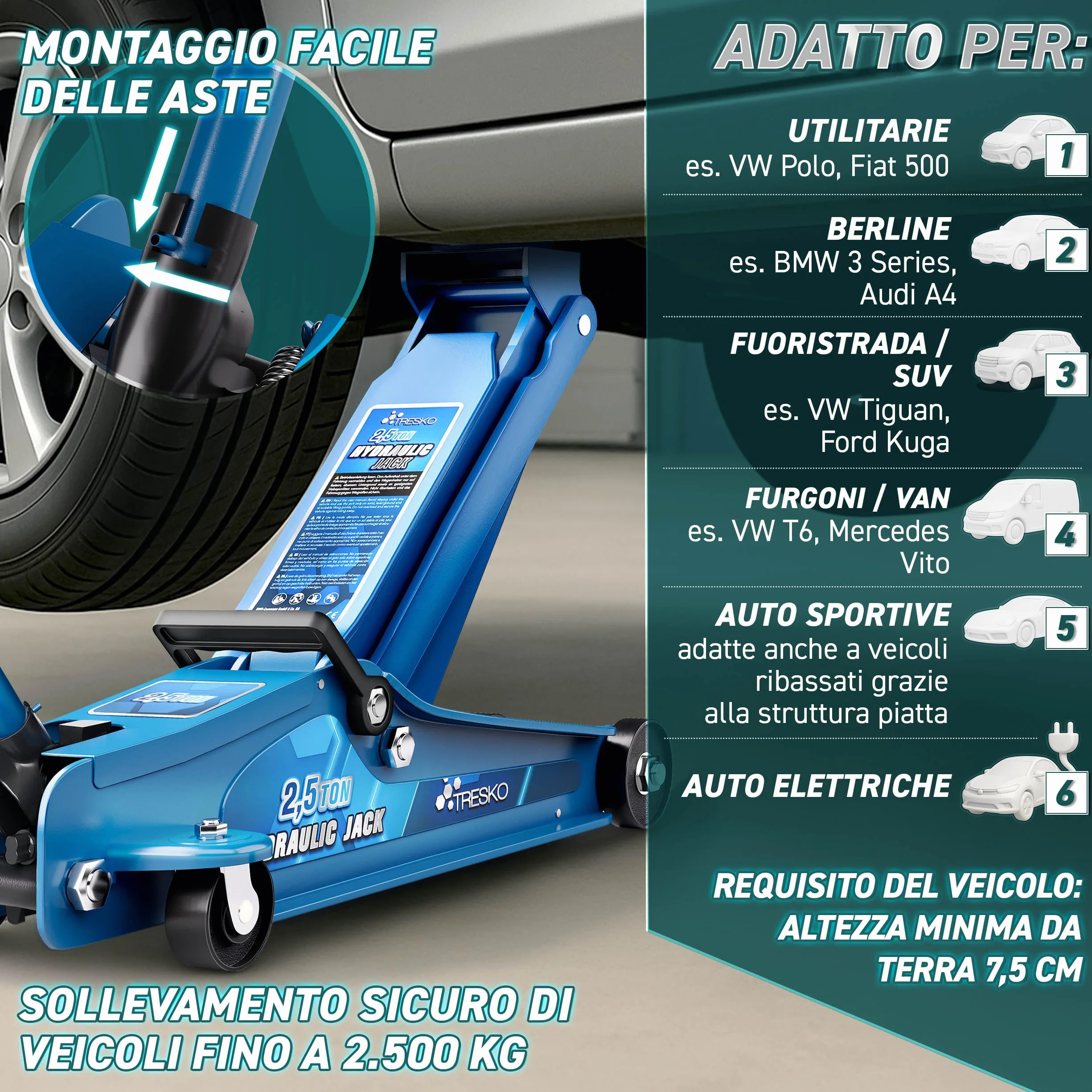 TRESKO Cric idraulico 2,5T altezza 85-385 mm con valigetta