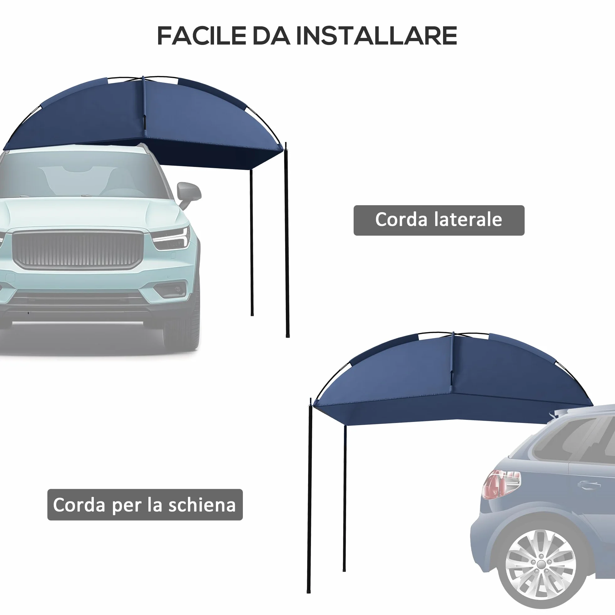 Outsunny Tendalina ad Arco Portatile con Paletti Regolabili e Borsa da Trasporto, Tenda per Auto in Poliestere, Acciaio e Fibra di Vetro, 290x278x230-260 cm, Blu