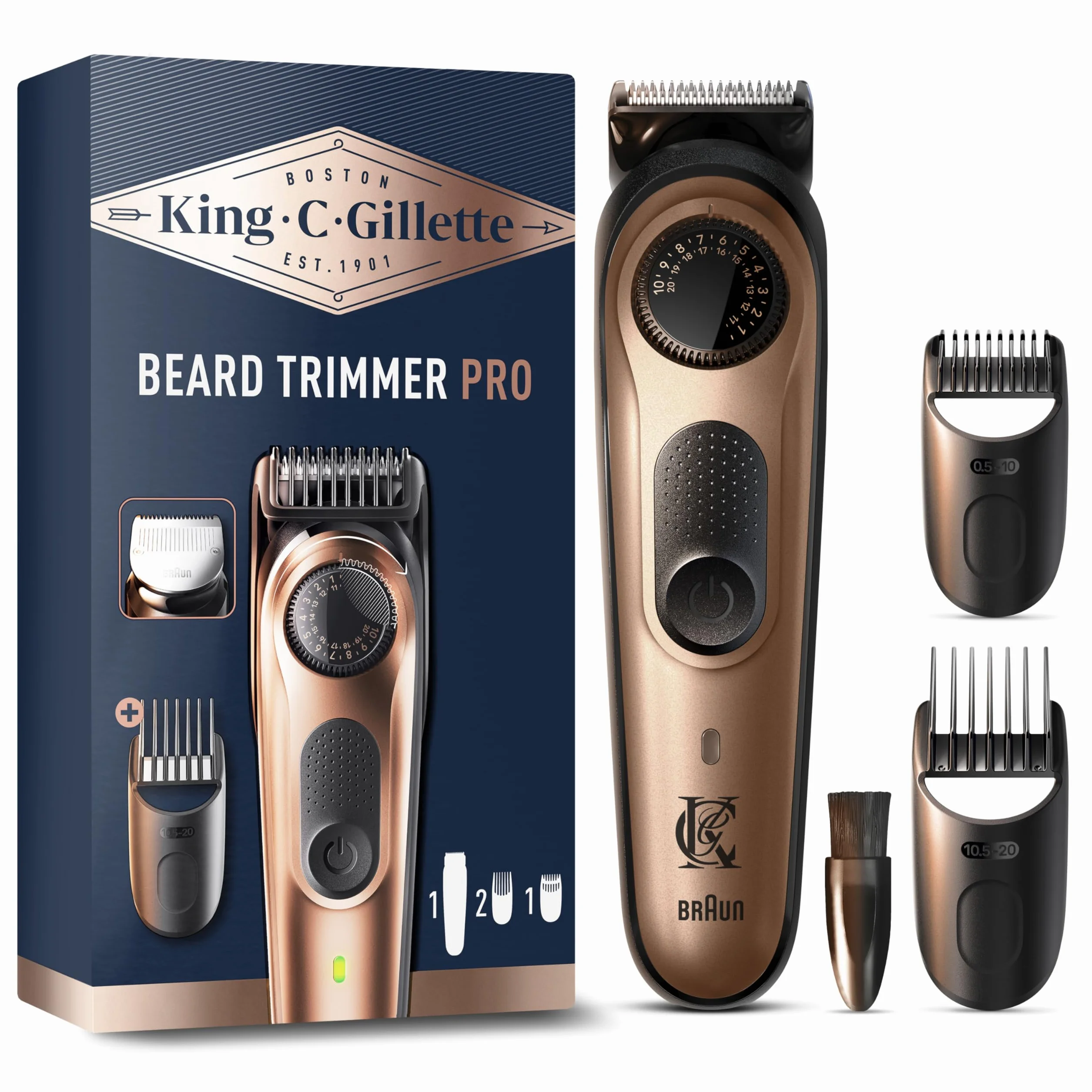King C. Gillette Rasoio Elettrico Barba Pro, Regolabarba Uomo, 40 Impostazioni di Lunghezza, Lame Affilate, Pettini Regolatori, Testine Lavabili