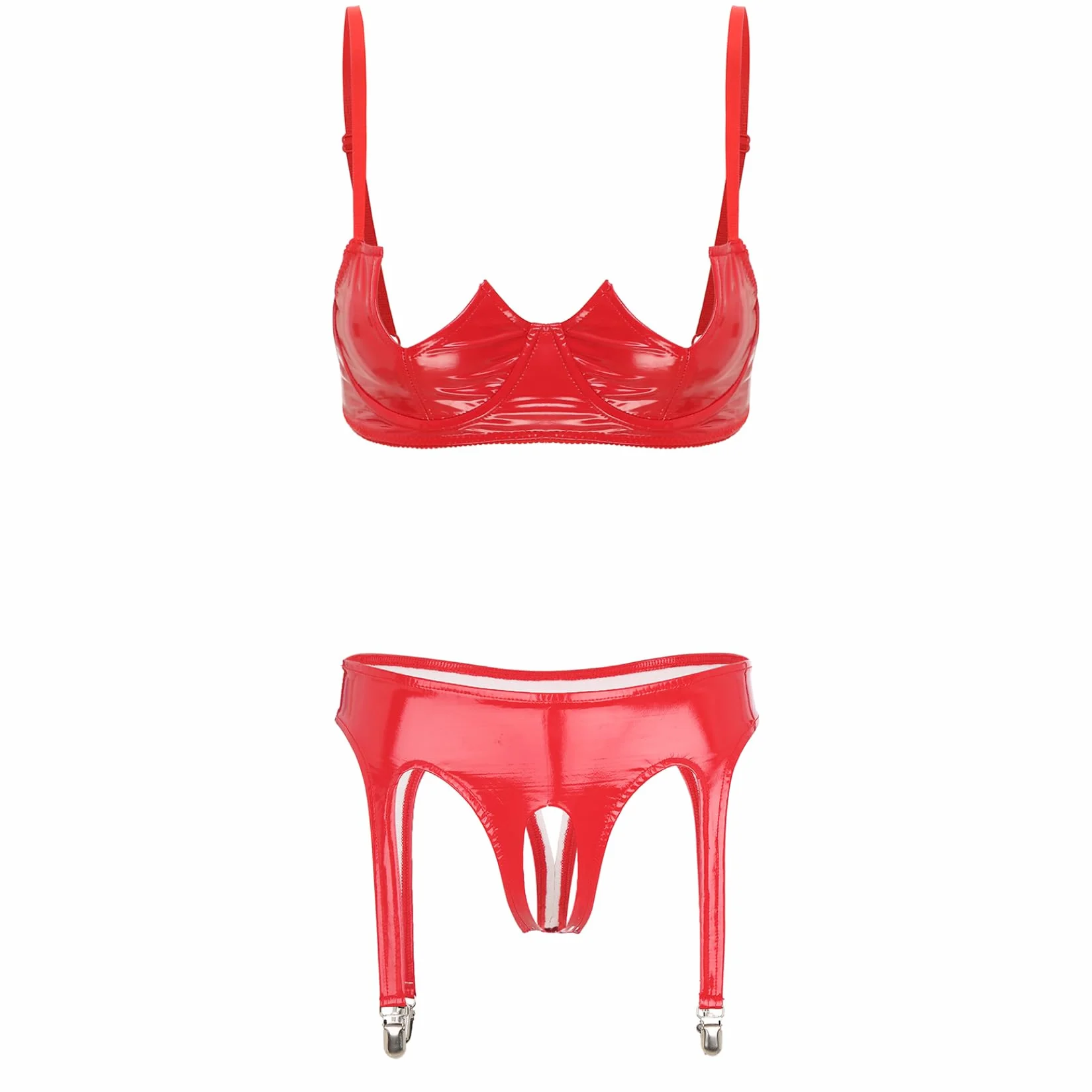 Sywiyi Lingerie sexy z reggicalze, reggiseno, slip, perizoma, pelle laccata