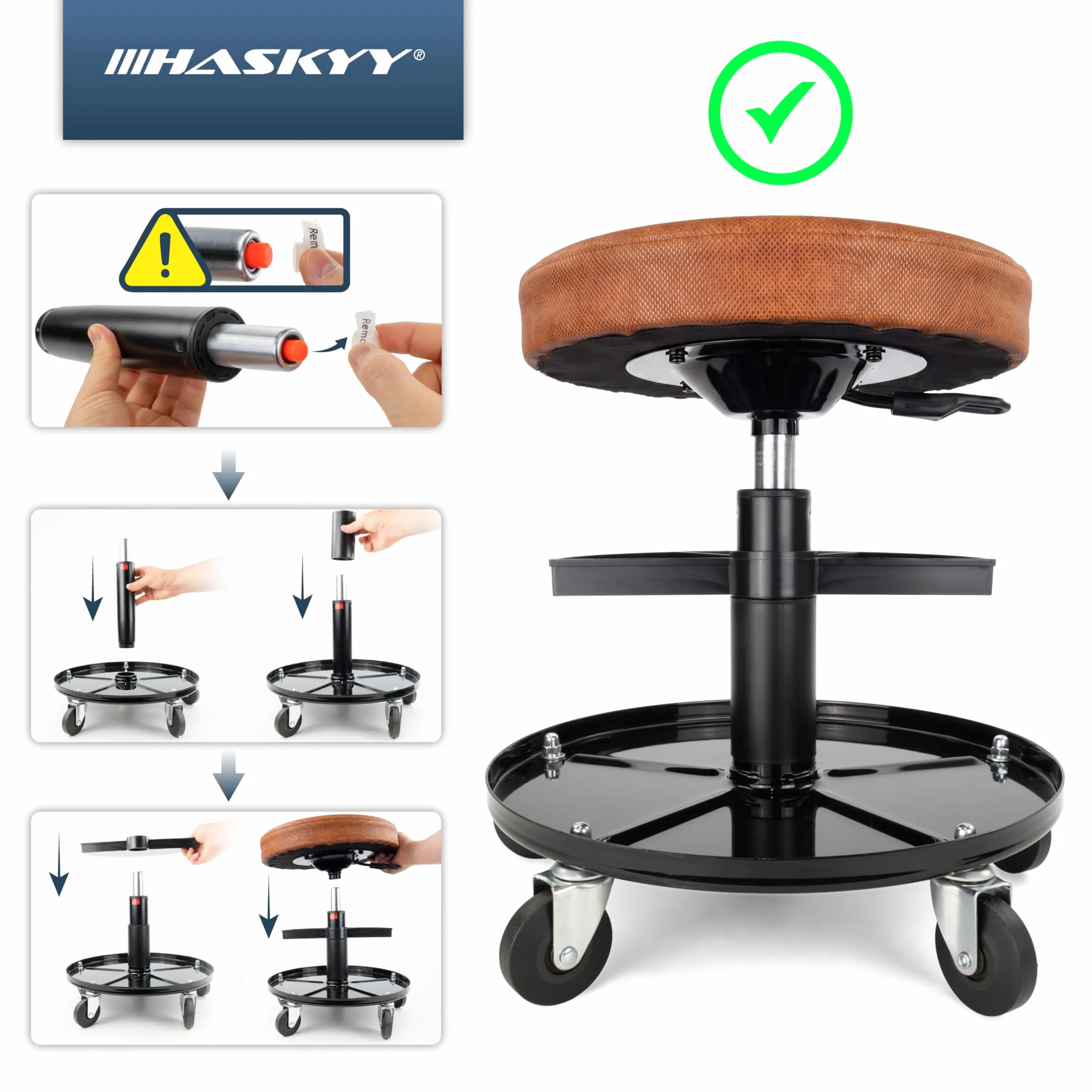 HASKYY Sgabello da officina con ruote 430-580 mm 40 cm 135 kg 2 ripiani