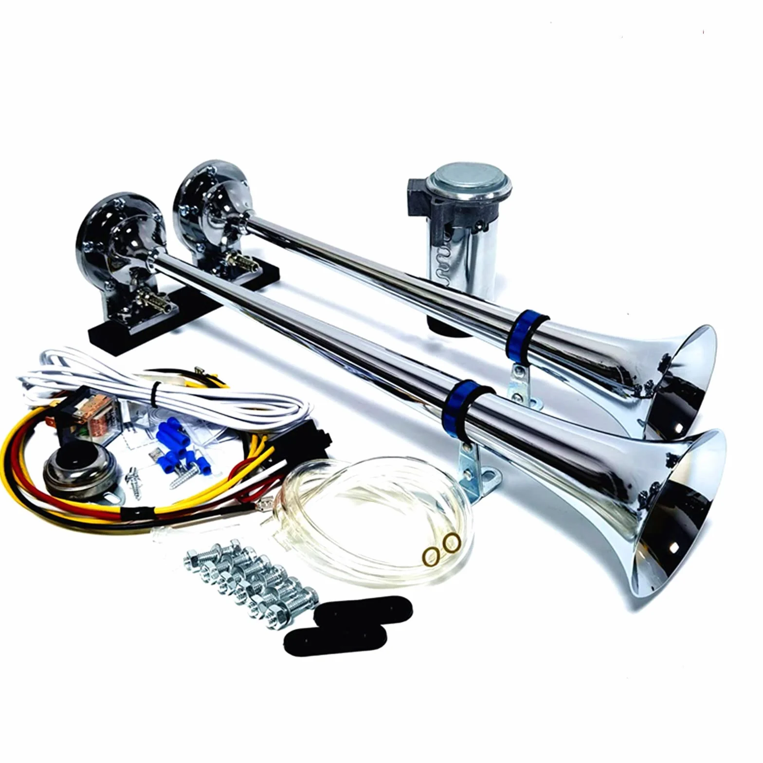 Tromba d'aria 12V Altoparlante argento 165db Staffa a fascia per avvisatore acustico per camion Tromba a doppio tubo in zinco cromato con clacson della pompa dell'aria Horn per 12V auto SUV ecc
