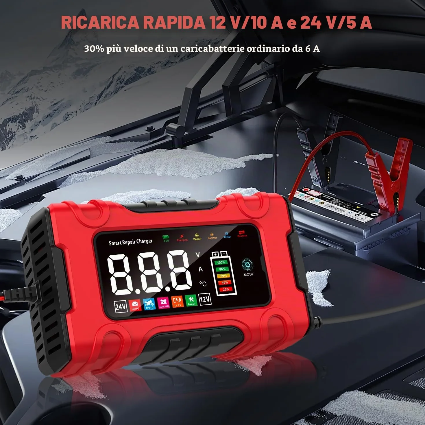 Carica Batteria per Auto 10A 12V/24V Caricabatterie Mantenitore con Riparazione per AGM GEL Wet SLA LiFePO4