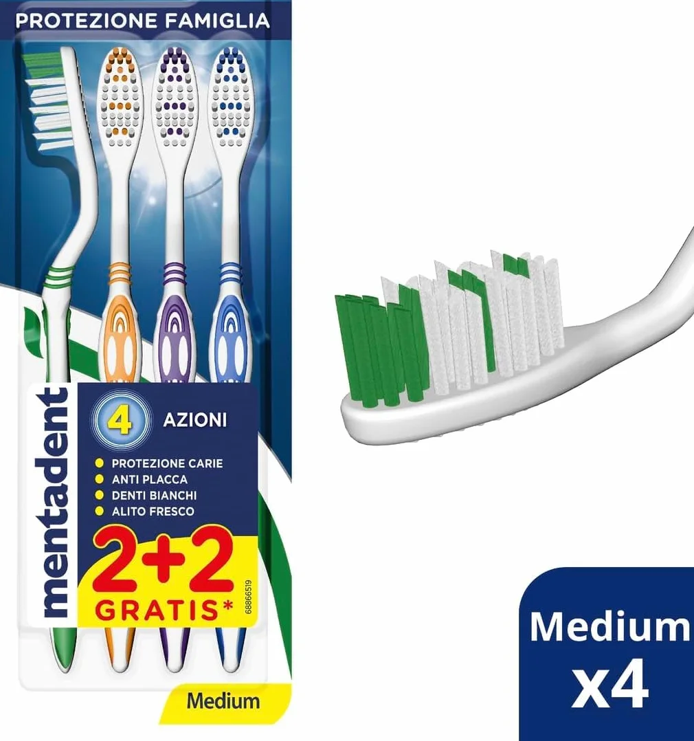 Mentadent Protezione Famiglia 4 Spazzolini Setole Medie Multi-angolazione Manico Tripla Angolazione Setole Lucidanti Pulisci-lingua Morbido