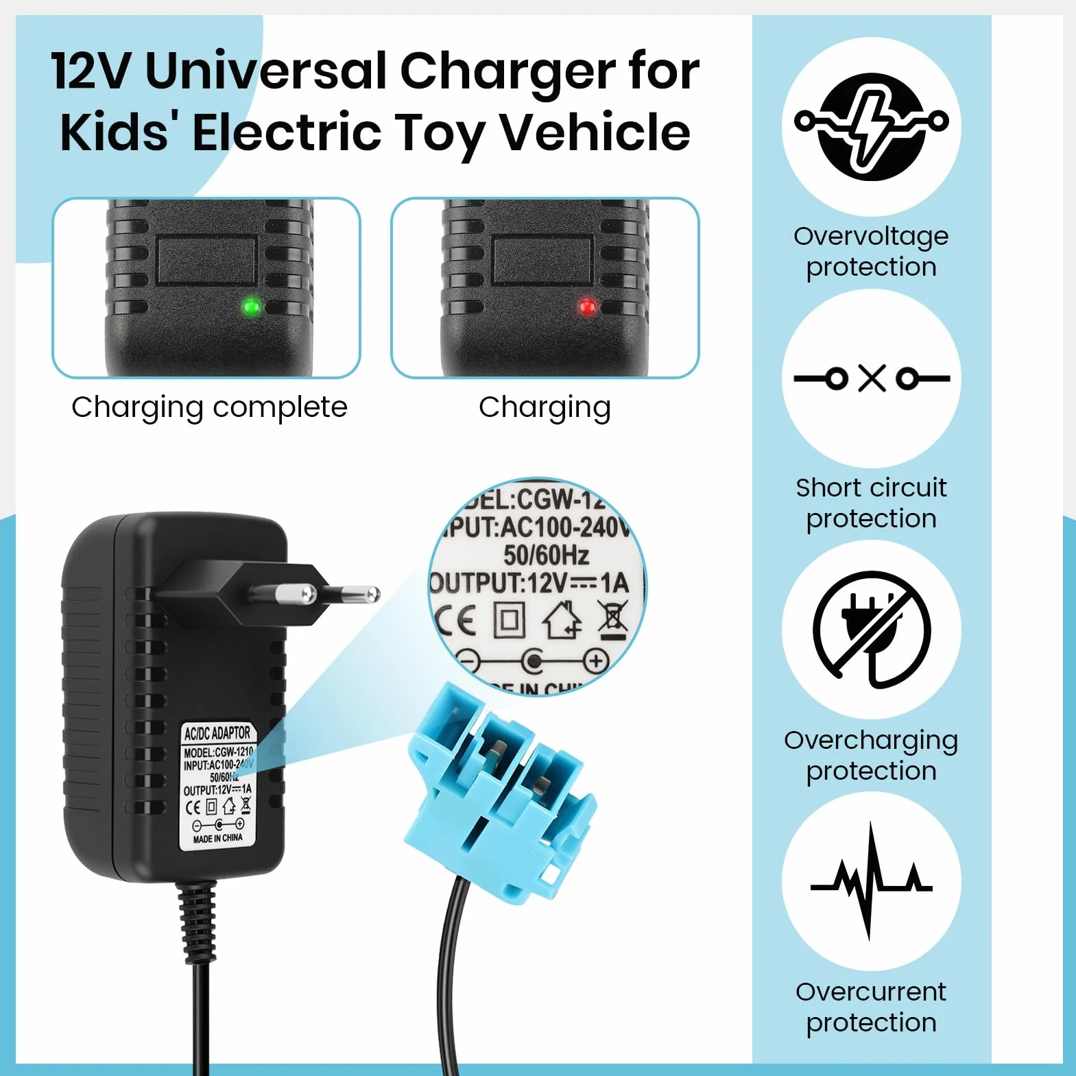 Caricabatteria 12V Peg Perego Universale per Veicoli Elettrici Bambini con Cavo 2M LED