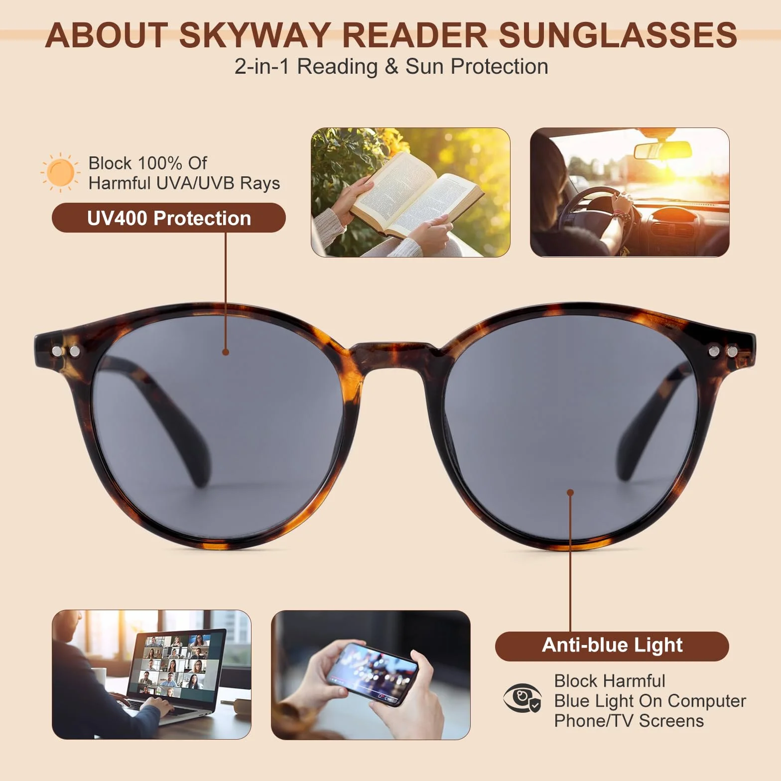 SKYWAY Occhiali da Sole da Lettura Rotondi Anti-Blu UV400 per Donne Uomo