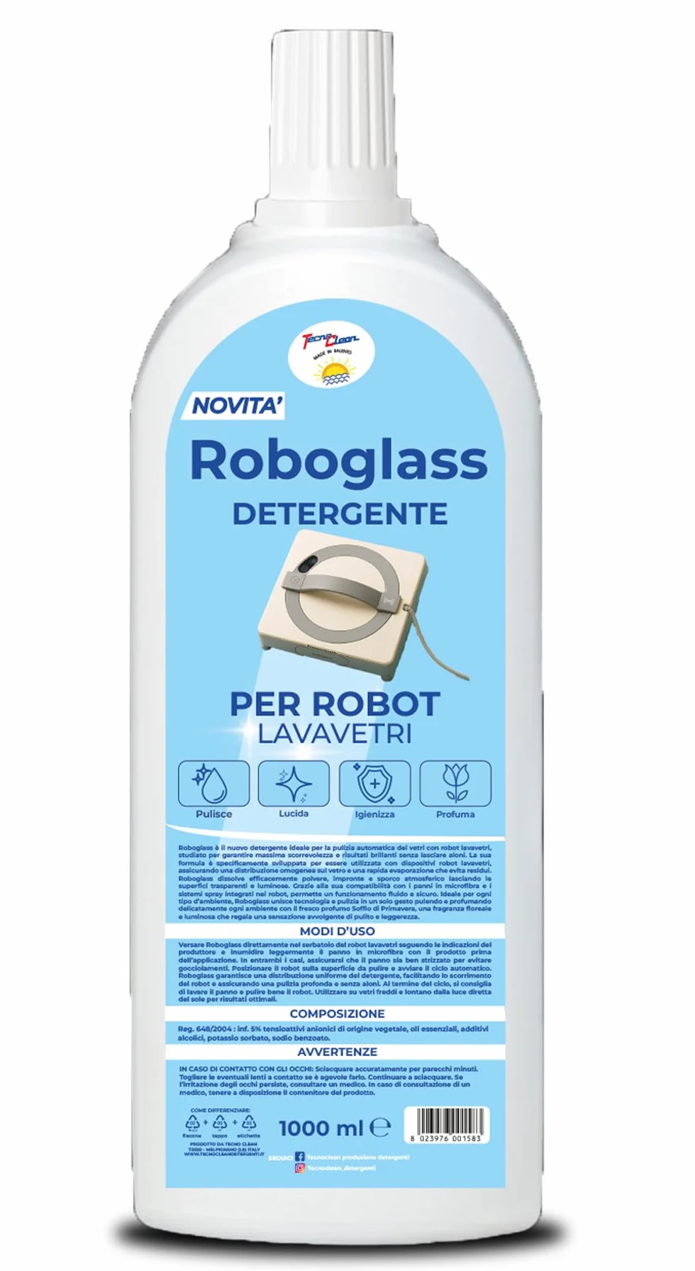 Roboglass Soluzione detergente 1 L per robot lavavetri formula igienizzante con flacone 250 ml in regalo