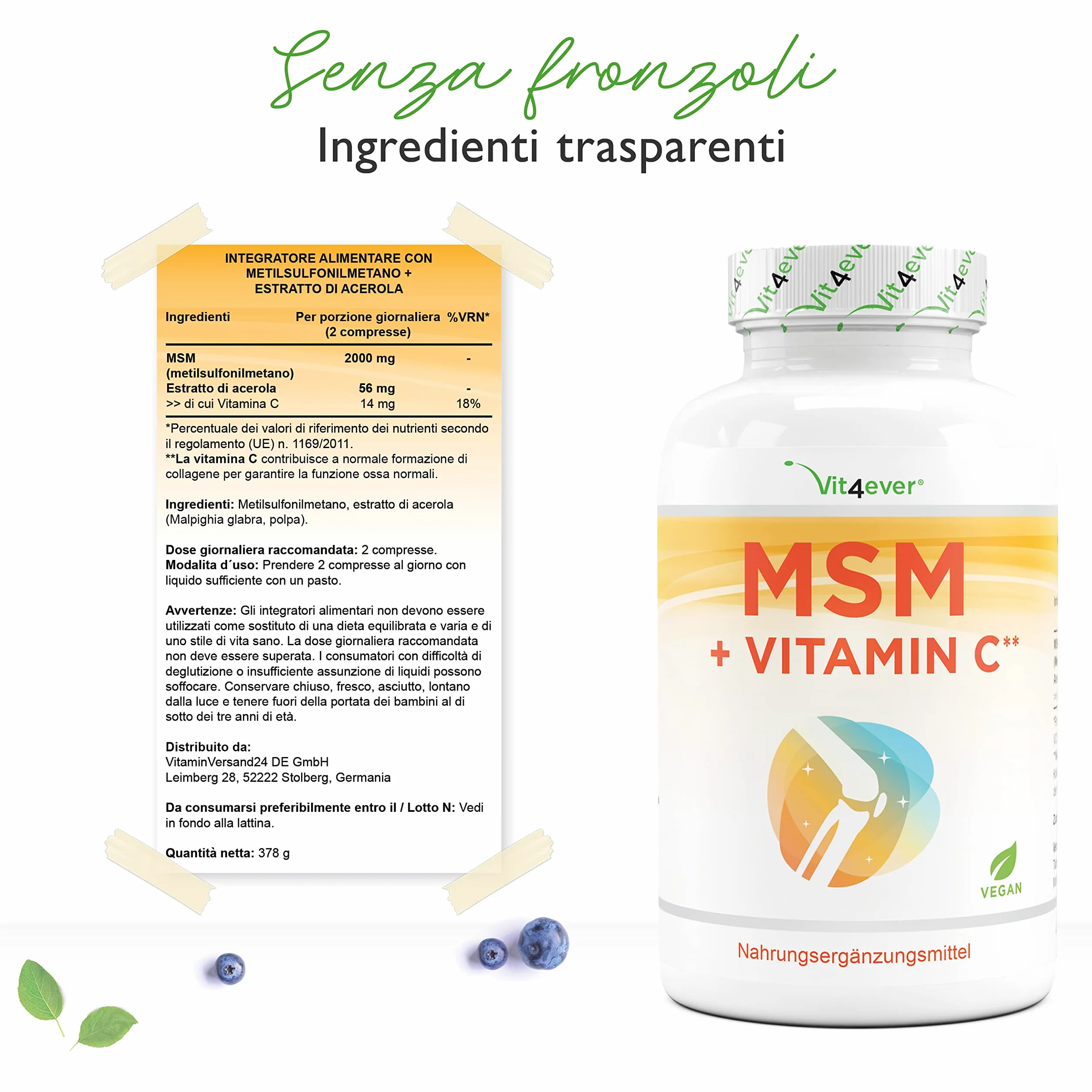 MSM 2000mg 365 compresse con vitamina C naturale acerola vegan